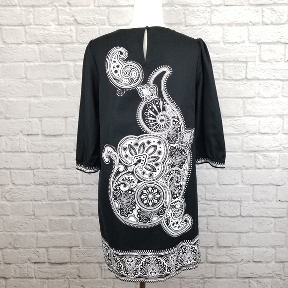 Tibi black white paisley print shift style 3/4 sleeve mini dress women's size 10 - Picture 5 of 9